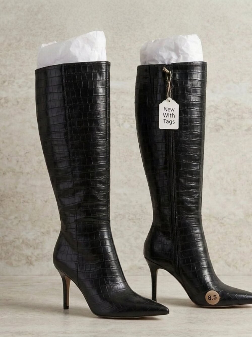 Nine West Black Croc-Embossed Knee High Boots | Pointed Toe Stiletto | Size 8.5